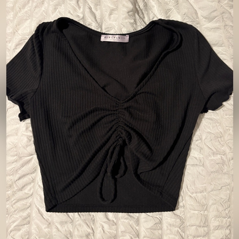 Blue Blush Black Ruched V-Neck Crop Top